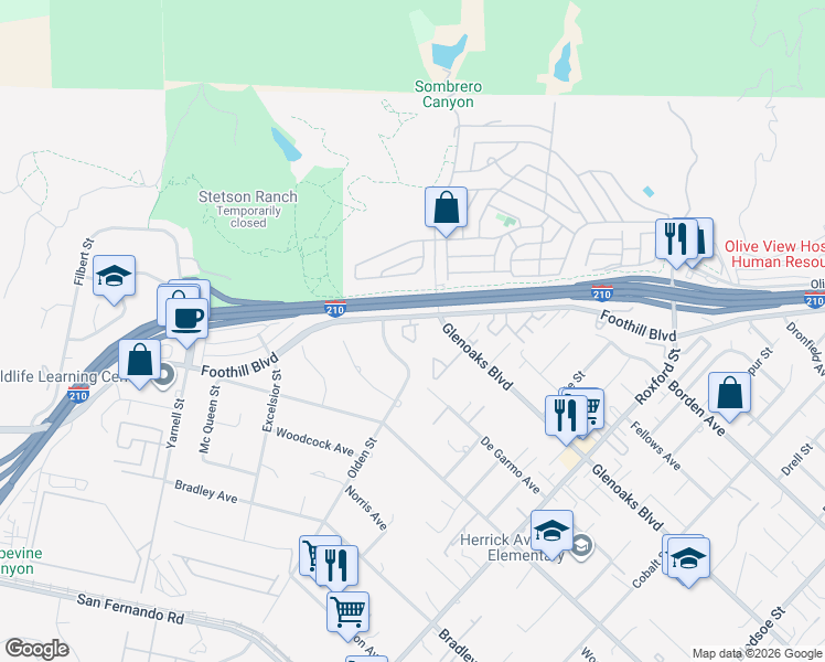 map of restaurants, bars, coffee shops, grocery stores, and more near 15520 Foothill Boulevard in Los Angeles