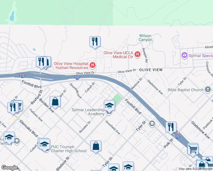 map of restaurants, bars, coffee shops, grocery stores, and more near 14510 Foothill Boulevard in Los Angeles