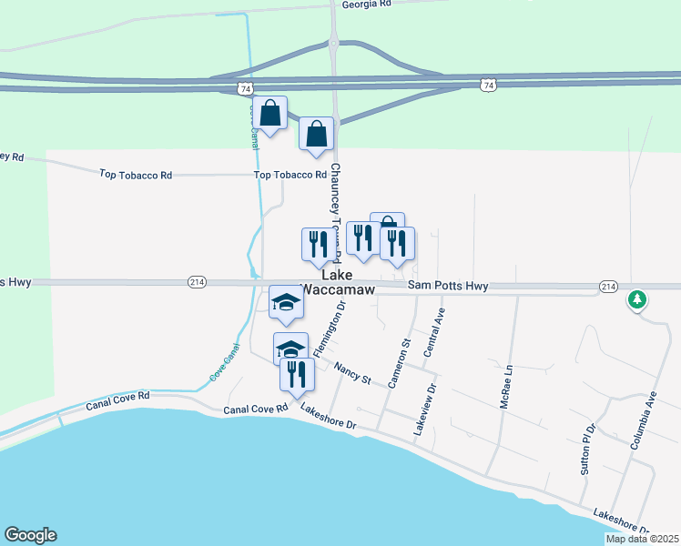 map of restaurants, bars, coffee shops, grocery stores, and more near 7145 Sam Potts Highway in Lake Waccamaw