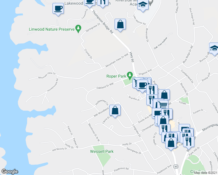 map of restaurants, bars, coffee shops, grocery stores, and more near 281 Oakland Drive Northwest in Gainesville