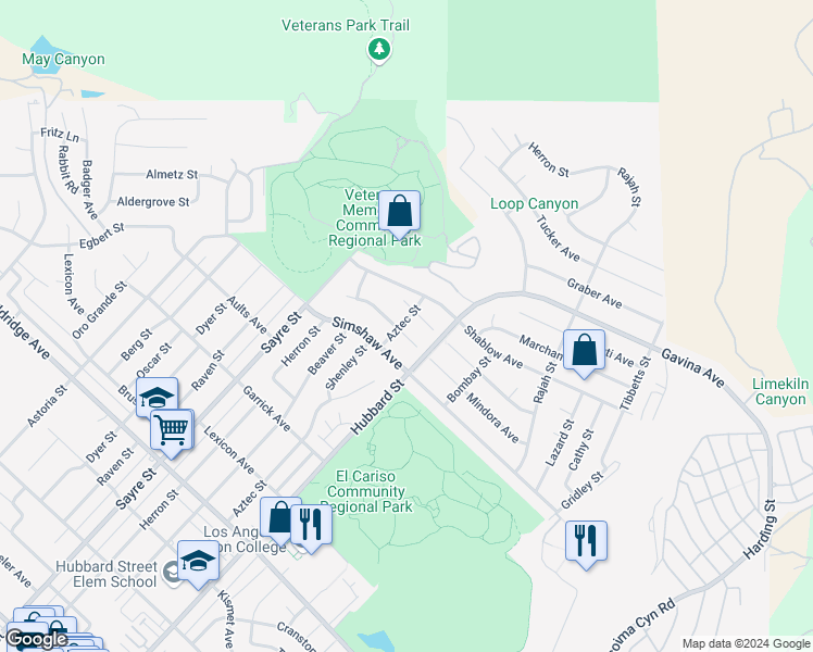 map of restaurants, bars, coffee shops, grocery stores, and more near 12940 Aztec Street in Los Angeles