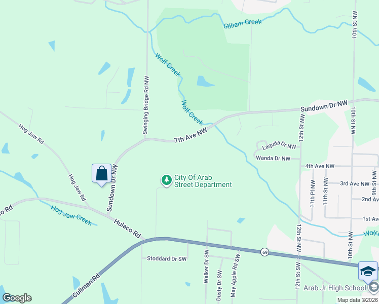 map of restaurants, bars, coffee shops, grocery stores, and more near 1621 Sundown Drive Northwest in Arab