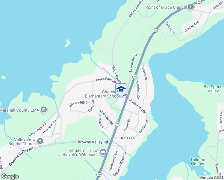 map of restaurants, bars, coffee shops, grocery stores, and more near 3309 Creek Circle in Guntersville