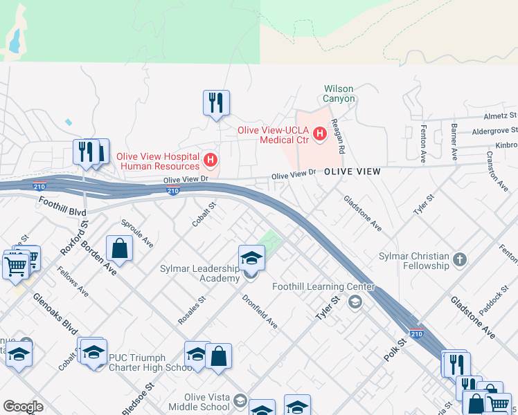 map of restaurants, bars, coffee shops, grocery stores, and more near 14475 Foothill Boulevard in Los Angeles