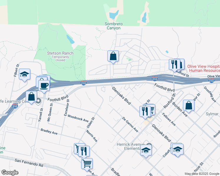 map of restaurants, bars, coffee shops, grocery stores, and more near 15500 Foothill Boulevard in Los Angeles