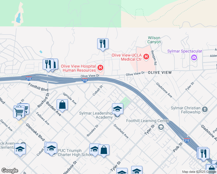 map of restaurants, bars, coffee shops, grocery stores, and more near 14540 Foothill Boulevard in Los Angeles