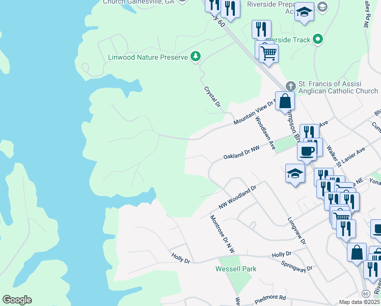 map of restaurants, bars, coffee shops, grocery stores, and more near 458 Oakland Drive in Gainesville