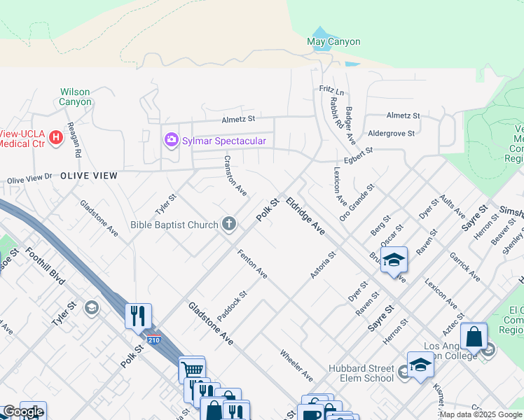 map of restaurants, bars, coffee shops, grocery stores, and more near 13731 Polk Street in Los Angeles