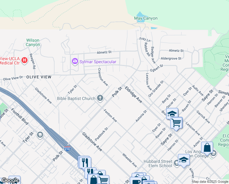 map of restaurants, bars, coffee shops, grocery stores, and more near 13731 Polk Street in Los Angeles
