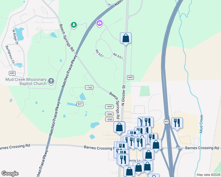 map of restaurants, bars, coffee shops, grocery stores, and more near County Road 681 in Saltillo