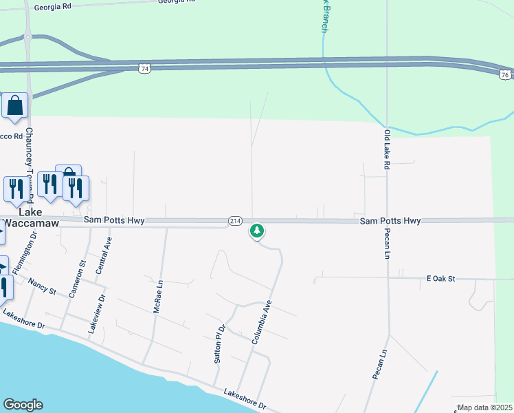 map of restaurants, bars, coffee shops, grocery stores, and more near 201 James Avenue in Lake Waccamaw