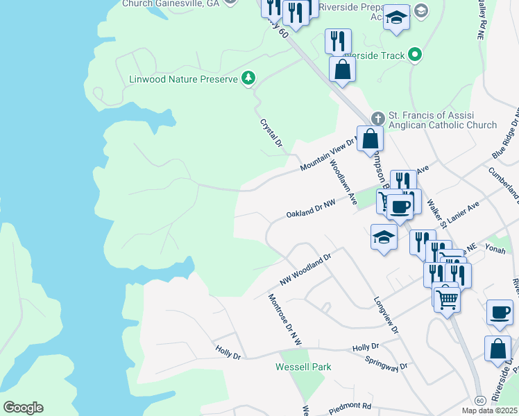 map of restaurants, bars, coffee shops, grocery stores, and more near 420 Oakland Drive Northwest in Gainesville