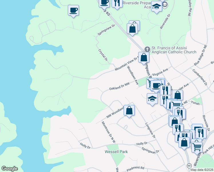 map of restaurants, bars, coffee shops, grocery stores, and more near 354 Oakland Drive Northwest in Gainesville