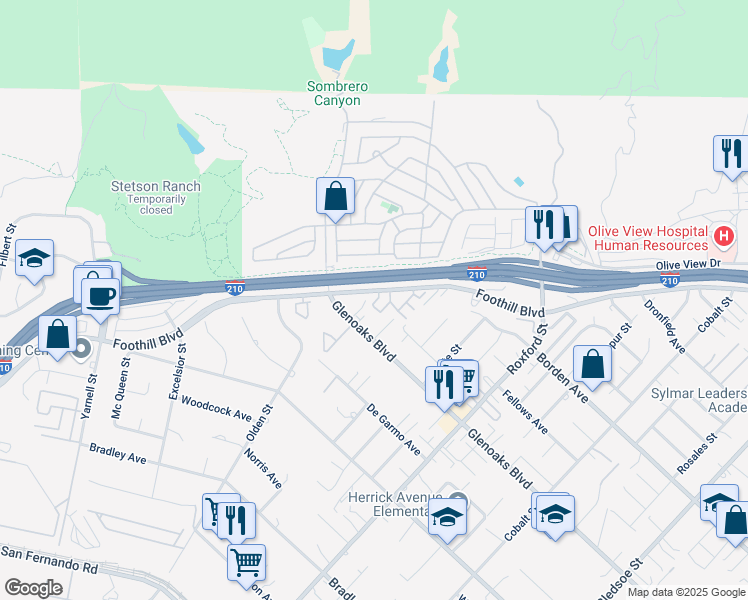 map of restaurants, bars, coffee shops, grocery stores, and more near 15322 Foothill Boulevard in Los Angeles