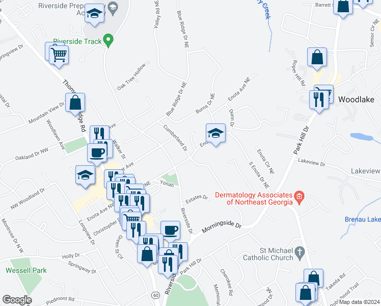 map of restaurants, bars, coffee shops, grocery stores, and more near 1229 Enota Avenue Northeast in Gainesville