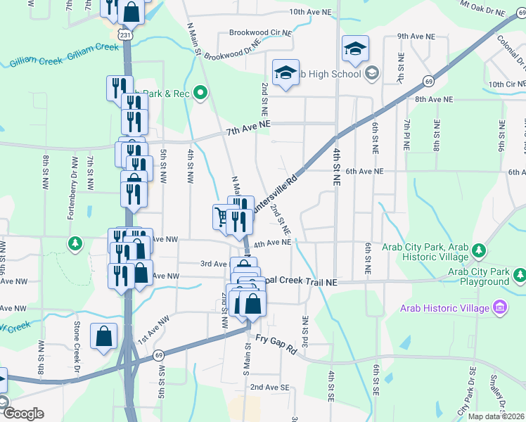 map of restaurants, bars, coffee shops, grocery stores, and more near 120 Guntersville Road in Arab