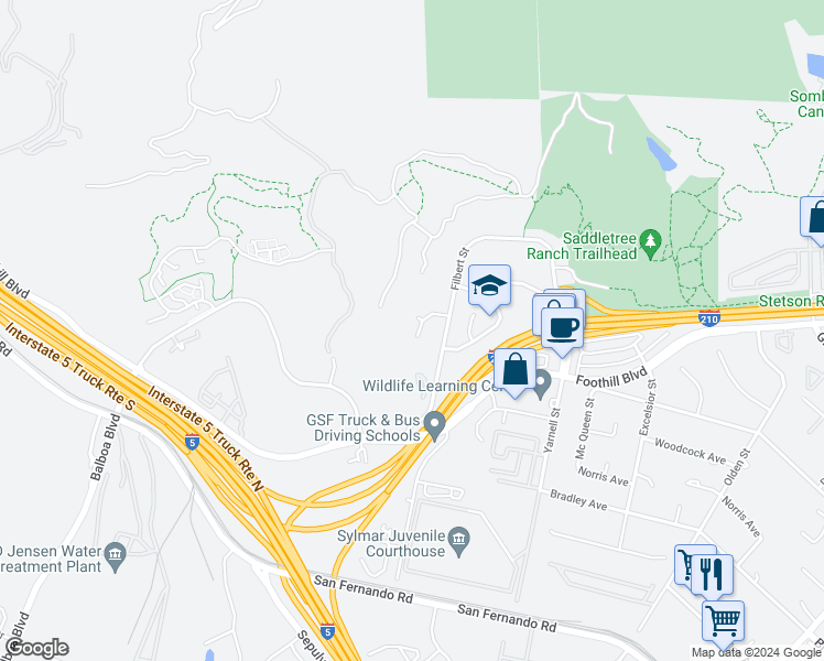 map of restaurants, bars, coffee shops, grocery stores, and more near 14176 Saddletree Court in Los Angeles