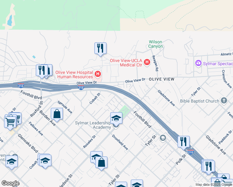 map of restaurants, bars, coffee shops, grocery stores, and more near 14510 Foothill Boulevard in Los Angeles