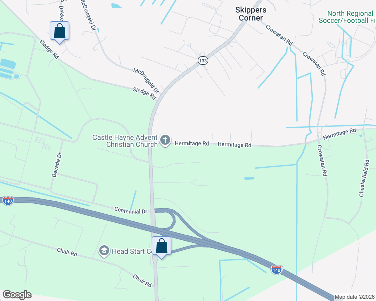 map of restaurants, bars, coffee shops, grocery stores, and more near 110 Hermitage Road in Castle Hayne