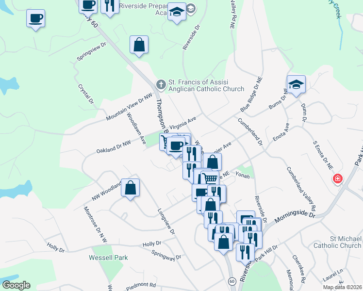 map of restaurants, bars, coffee shops, grocery stores, and more near 1510 Thompson Bridge Road in Gainesville