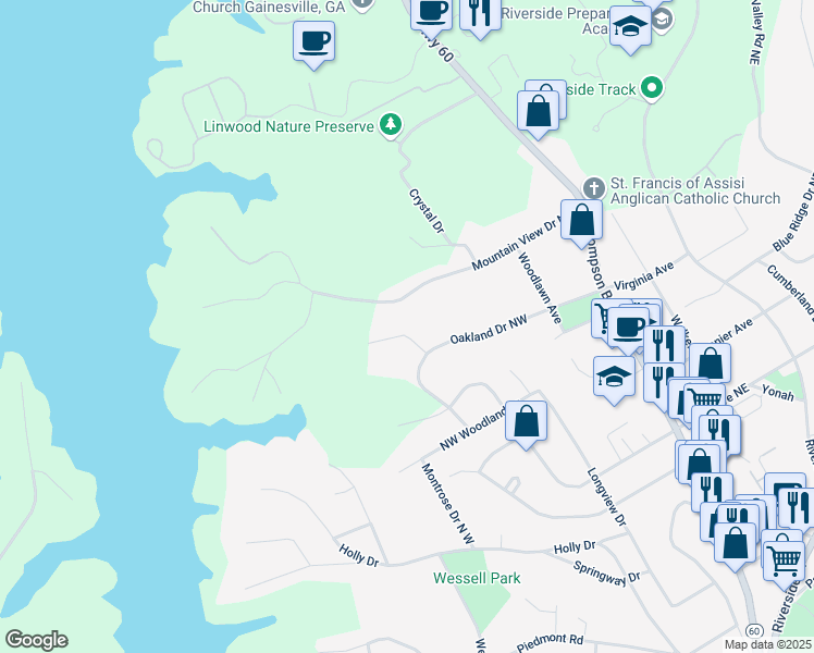 map of restaurants, bars, coffee shops, grocery stores, and more near 420 Oakland Drive Northwest in Gainesville