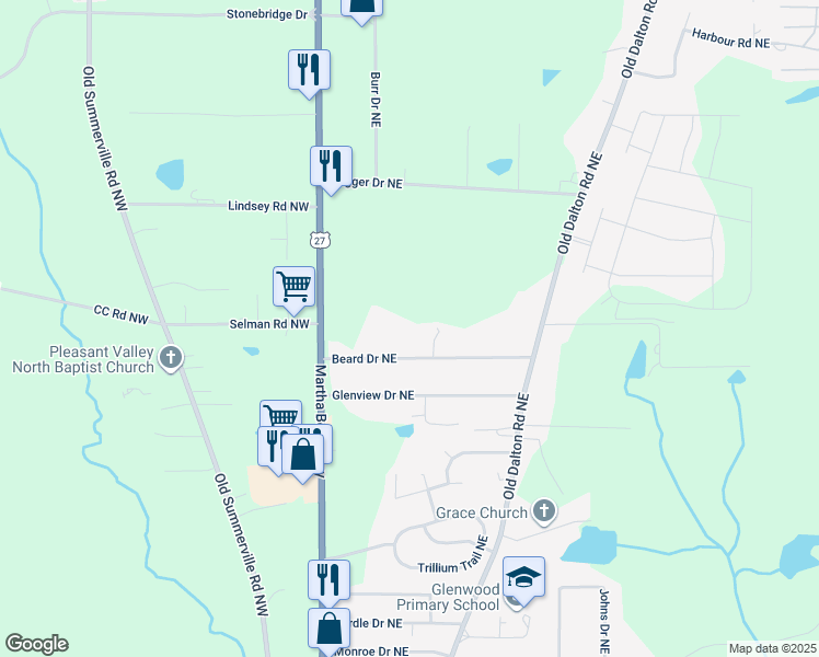 map of restaurants, bars, coffee shops, grocery stores, and more near 109 Beard Drive Northeast in Rome