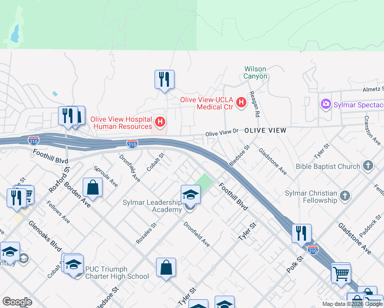 map of restaurants, bars, coffee shops, grocery stores, and more near 14487 Foothill Boulevard in Los Angeles