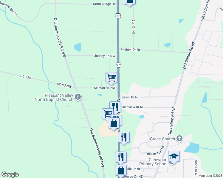 map of restaurants, bars, coffee shops, grocery stores, and more near 26 Selman Road Northwest in Rome