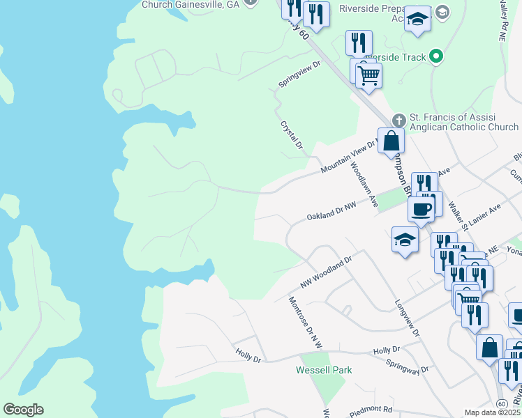 map of restaurants, bars, coffee shops, grocery stores, and more near 458 Oakland Drive Northwest in Gainesville