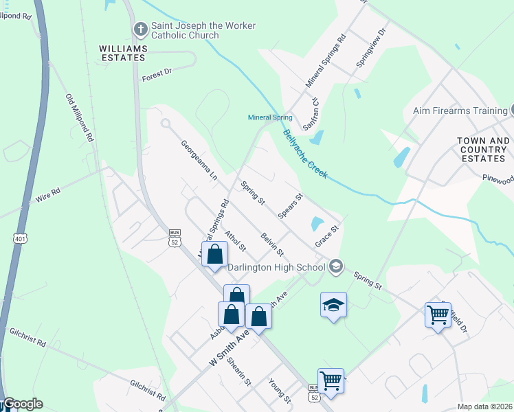 map of restaurants, bars, coffee shops, grocery stores, and more near 713 Spring Street in Darlington