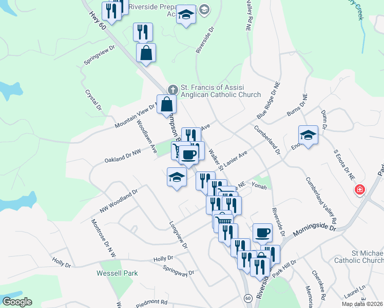 map of restaurants, bars, coffee shops, grocery stores, and more near 1510 Thompson Bridge Road in Gainesville