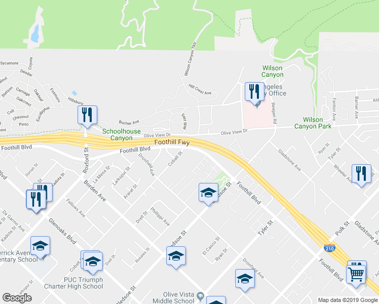 map of restaurants, bars, coffee shops, grocery stores, and more near 14552 Foothill Boulevard in Los Angeles