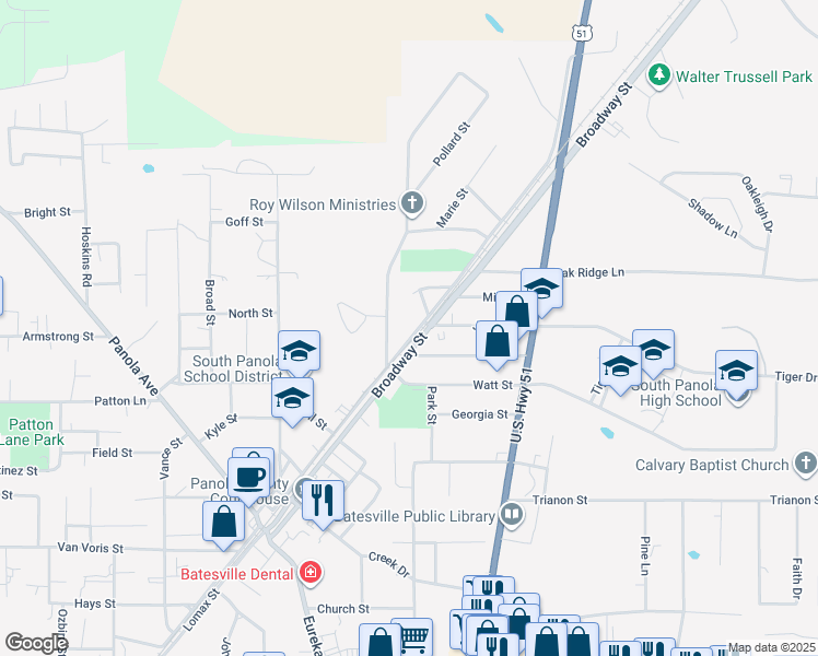 map of restaurants, bars, coffee shops, grocery stores, and more near 208 Pollard Street in Batesville