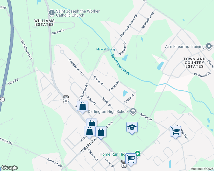 map of restaurants, bars, coffee shops, grocery stores, and more near 307 Spears Street in Darlington