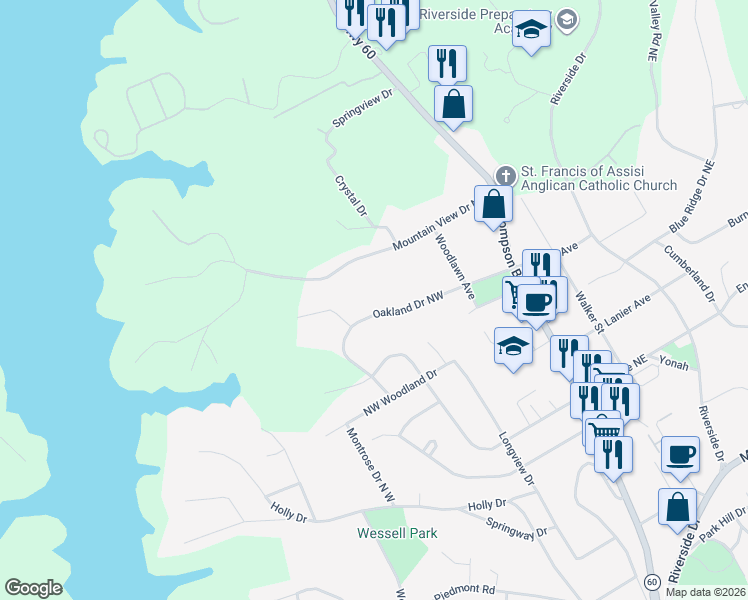 map of restaurants, bars, coffee shops, grocery stores, and more near 354 Oakland Drive Northwest in Gainesville