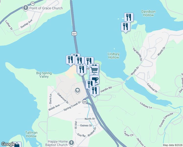 map of restaurants, bars, coffee shops, grocery stores, and more near 14384 U.S. 431 in Guntersville
