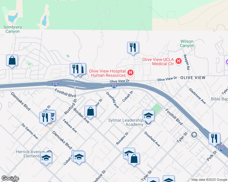 map of restaurants, bars, coffee shops, grocery stores, and more near 14860 Foothill Boulevard in Los Angeles