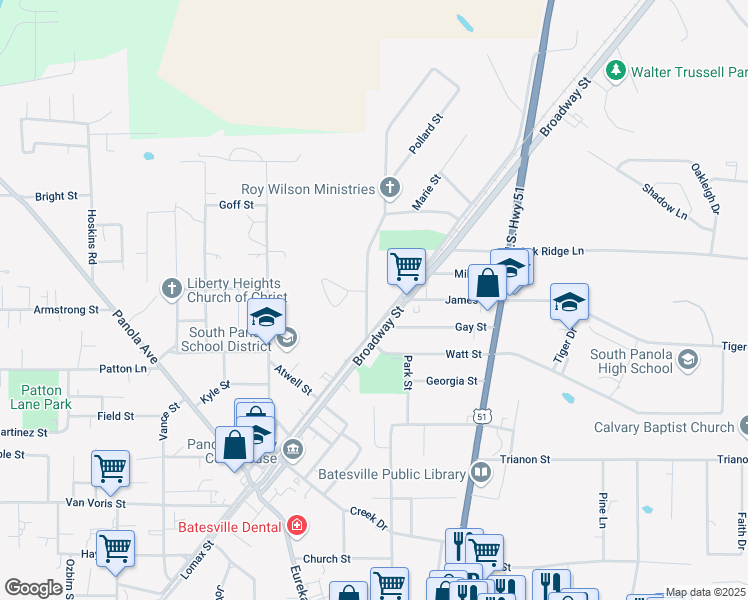 map of restaurants, bars, coffee shops, grocery stores, and more near 208 Pollard Street in Batesville