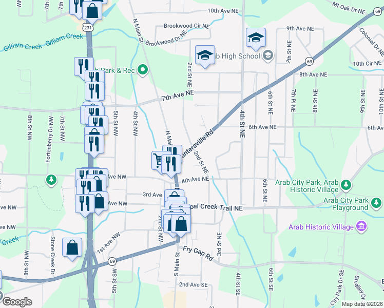 map of restaurants, bars, coffee shops, grocery stores, and more near 120 Guntersville Road in Arab