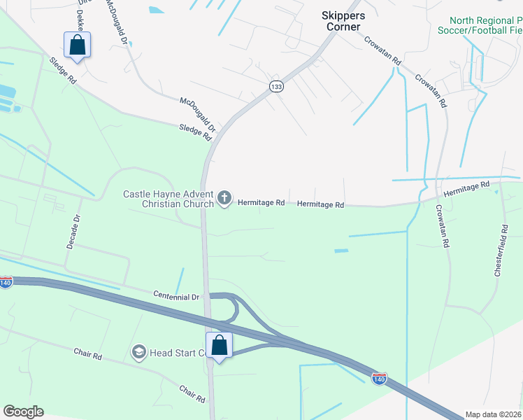 map of restaurants, bars, coffee shops, grocery stores, and more near 110 Hermitage Road in Castle Hayne