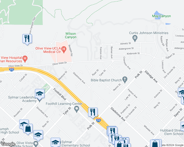 map of restaurants, bars, coffee shops, grocery stores, and more near 13802 Wheeler Avenue in Los Angeles