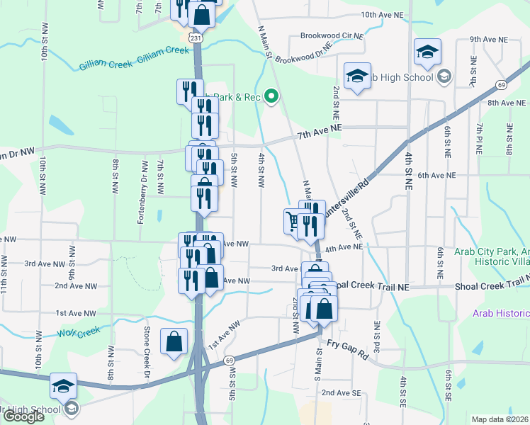map of restaurants, bars, coffee shops, grocery stores, and more near 464 4th Street Northwest in Arab