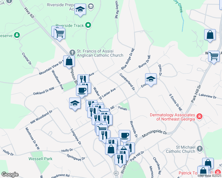 map of restaurants, bars, coffee shops, grocery stores, and more near 1113 Lanier Avenue in Gainesville
