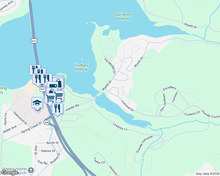 map of restaurants, bars, coffee shops, grocery stores, and more near 3419 Country Club Circle in Guntersville