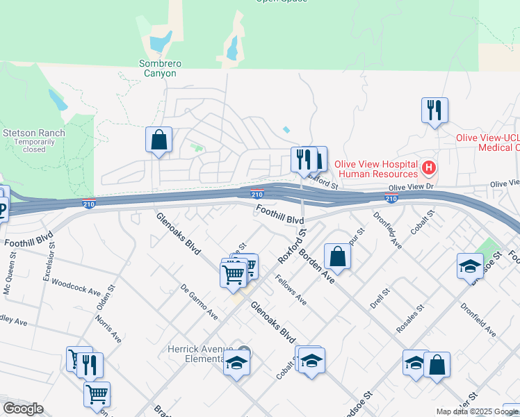 map of restaurants, bars, coffee shops, grocery stores, and more near 15151 Foothill Boulevard in Los Angeles