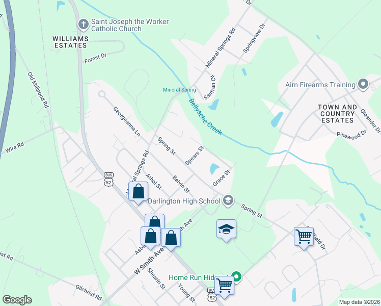 map of restaurants, bars, coffee shops, grocery stores, and more near 307 Spears St in Darlington