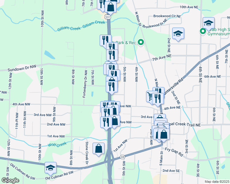 map of restaurants, bars, coffee shops, grocery stores, and more near 510 N Brindlee Mountain Pkwy in Arab
