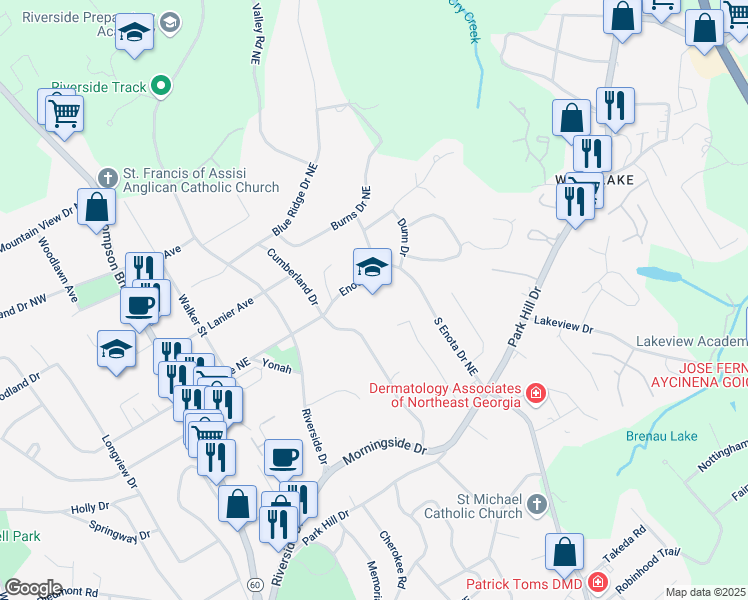 map of restaurants, bars, coffee shops, grocery stores, and more near 1340 Enota Avenue Northeast in Gainesville