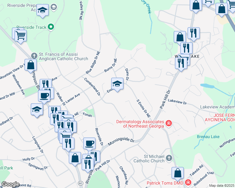map of restaurants, bars, coffee shops, grocery stores, and more near 1340 Enota Avenue Northeast in Gainesville