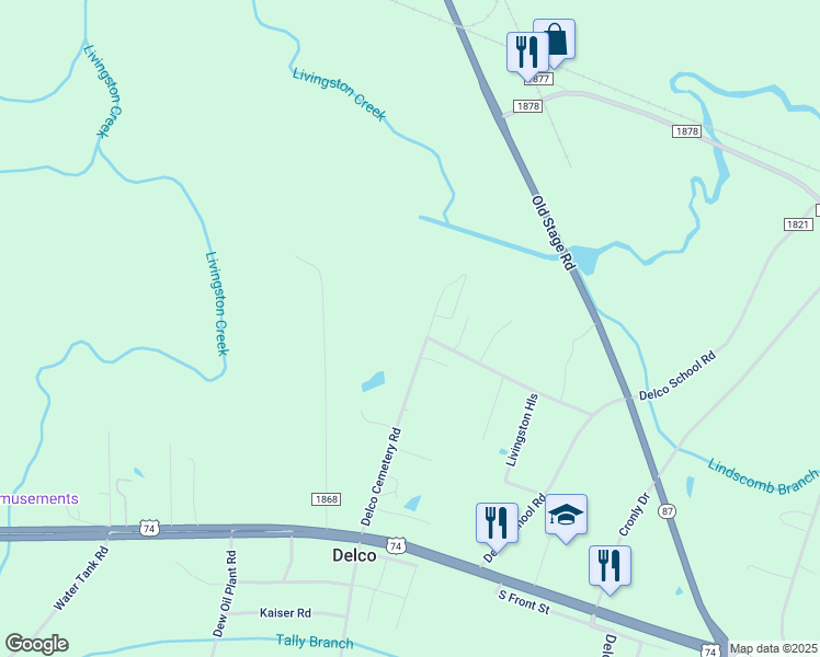 map of restaurants, bars, coffee shops, grocery stores, and more near 779 Delco Cemetery Road in Delco